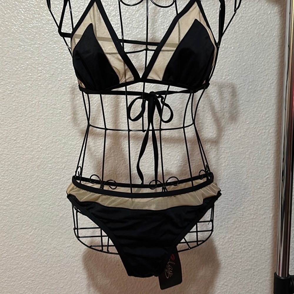 NWT Very Sexy Black & Mesh 2 Piece xtra long neck straps  size sm